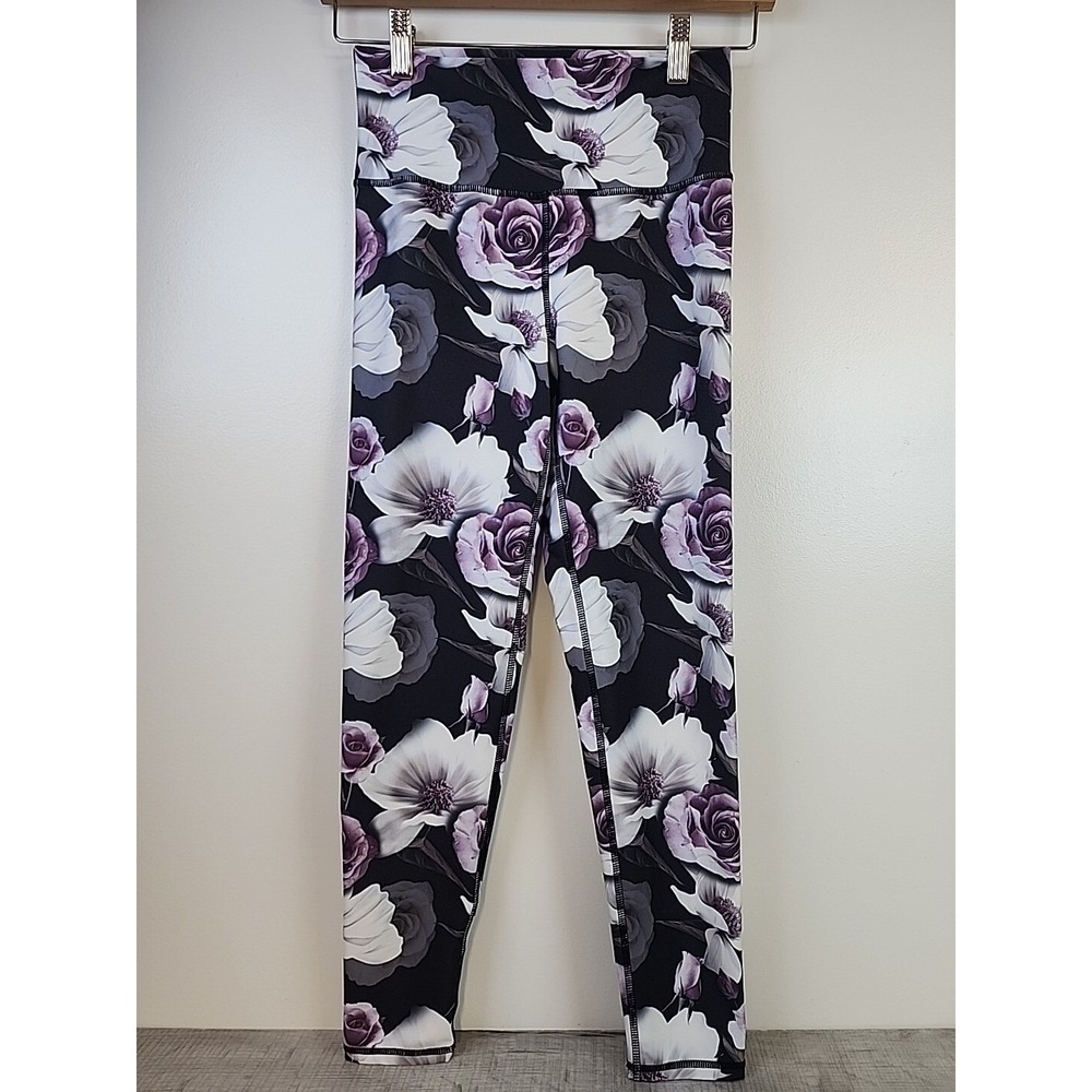 Kyodan Women's High Rise Floral Leggings Black Purple White PS Small 25 Inseam